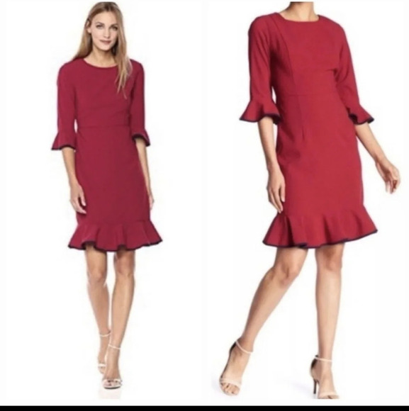 Nanette Lepore Cranberry Flounce Bell Sleeve Ruffled Crepe Knee Length Dress 8 - Picture 2 of 13